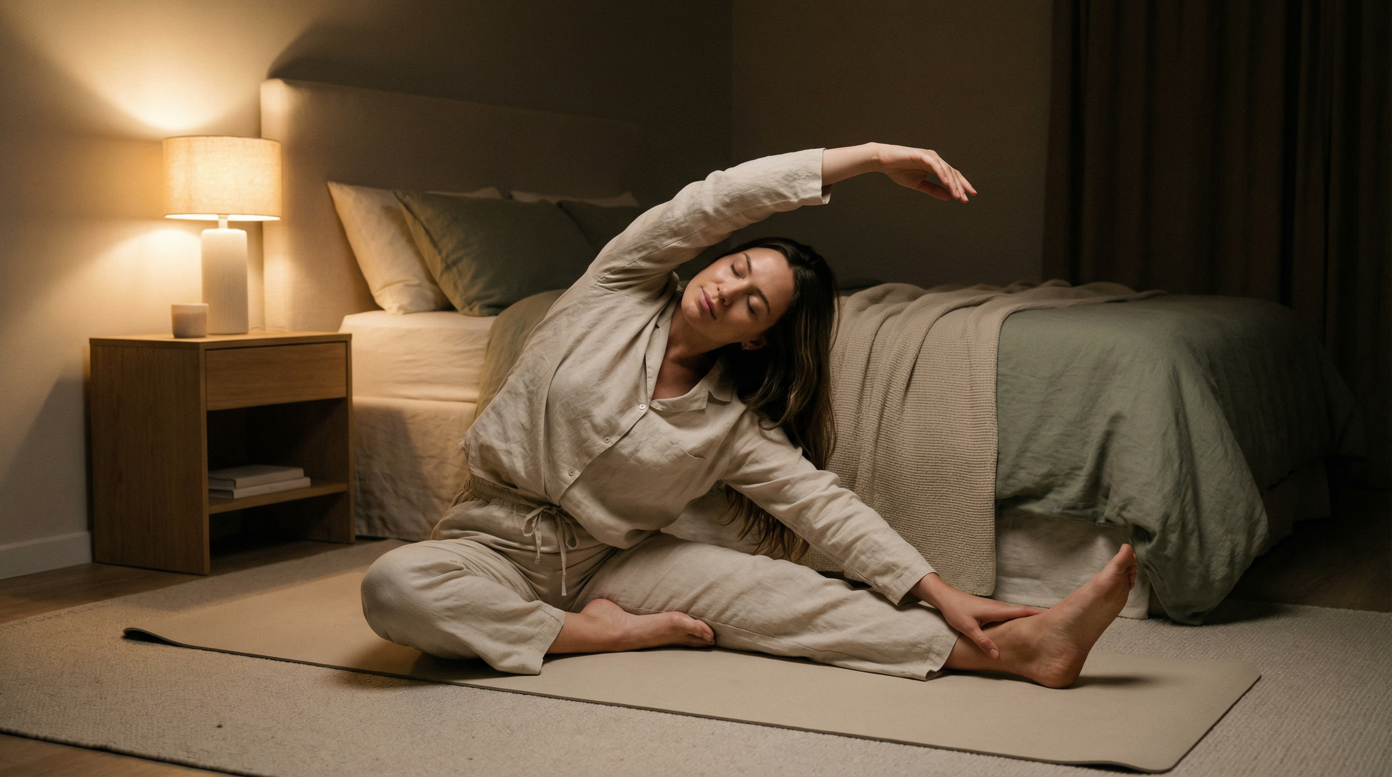 Mujer haciendo ritual de relajacion antes de dormir